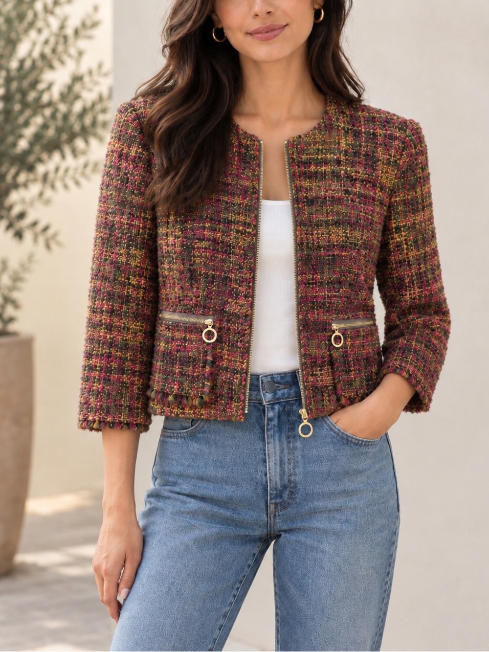 Ramy Brook Wool Tweed Jacket Midi Sleeve Fray Brass Ring Pull Zipper Pocket M